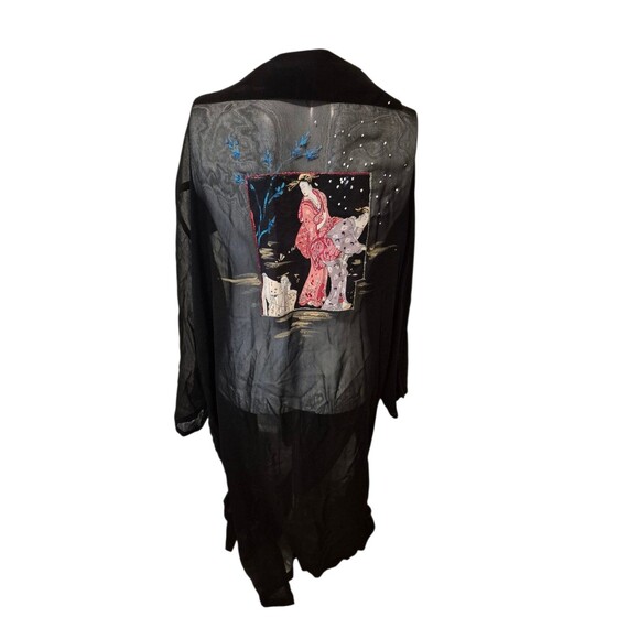 VTG Geisha Duster Cardigan Sheer Kimono Duster Hand Painted Embroider Scarf O/S - Picture 1 of 7